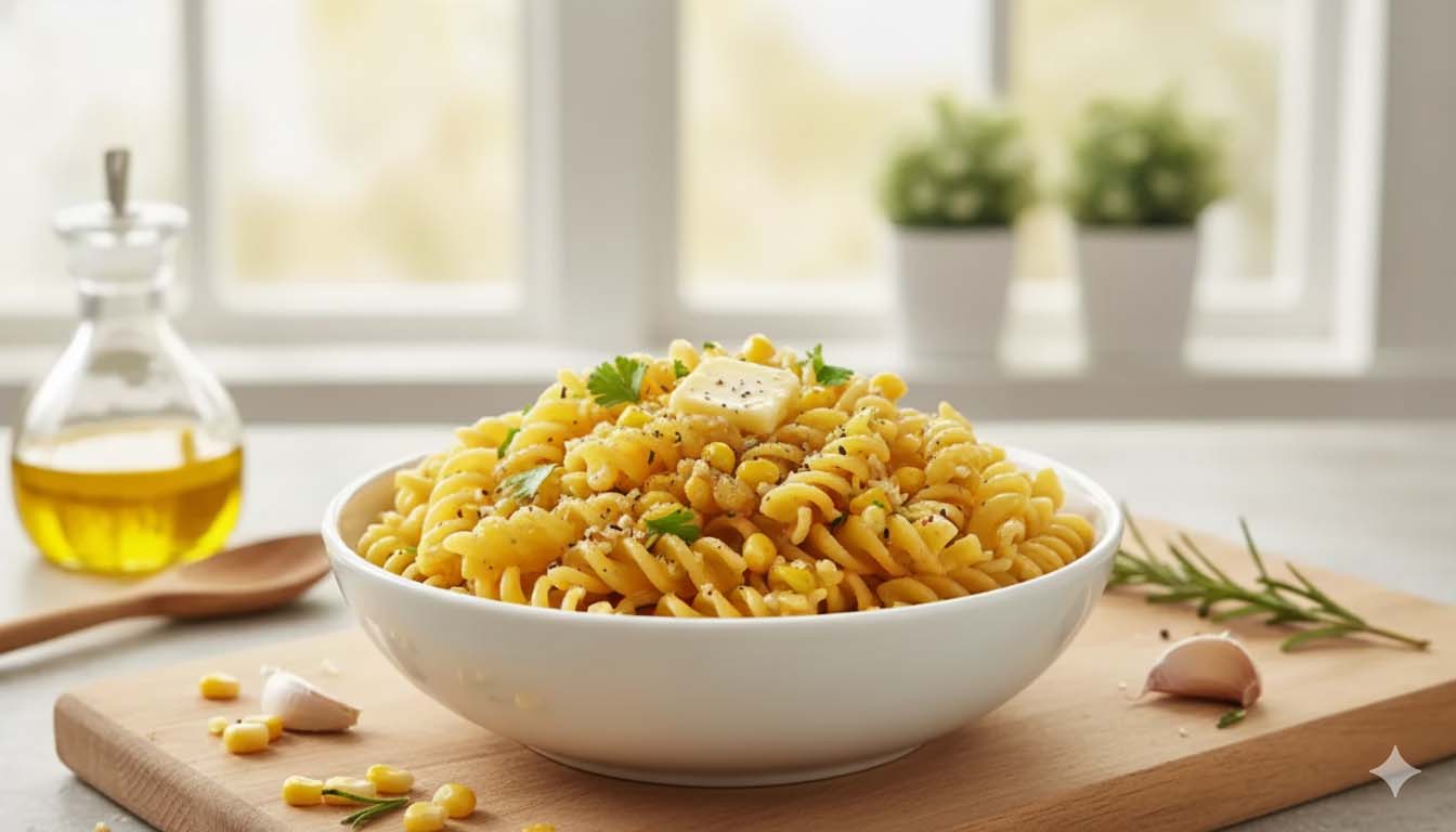 Simple Butter-Garlic Fusilli with Corn