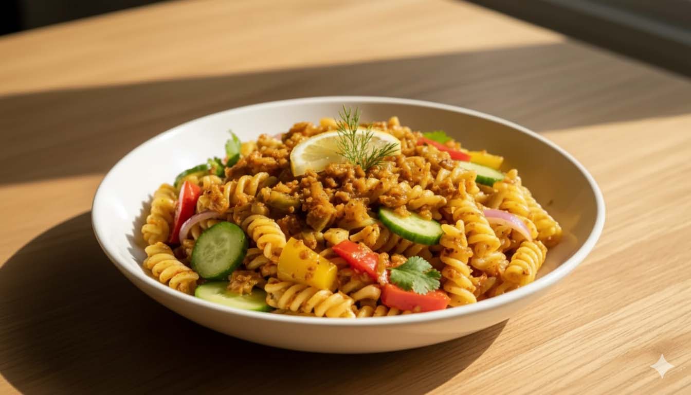 Tangy Achari Fusilli Salad (No-Cook Dressing)